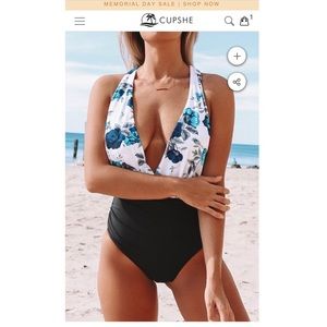 Crisscross strapped blue floral one-piece swimsuit